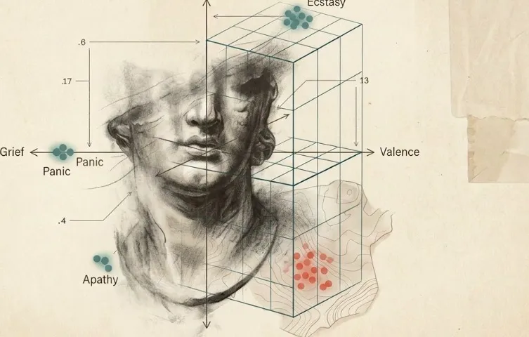A classical bust overlaid with an arousal-valence affect-space diagram, emotions plotted as scattered points across grief, panic, ecstasy, and apathy.