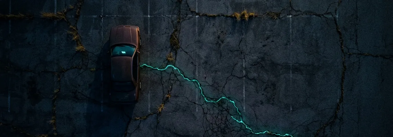 Aerial view of a lone car parked on dark cracked pavement, a glowing teal fracture splitting the asphalt around it.