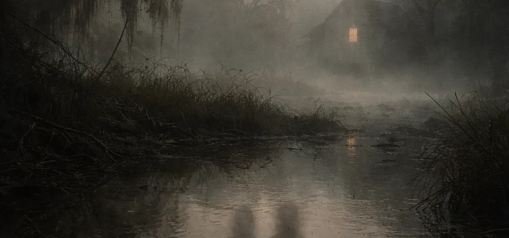 A foggy Southern bayou at dusk — Spanish moss, still water, two ghostly silhouettes reflected in the shallows, a single lit window in the distance.
