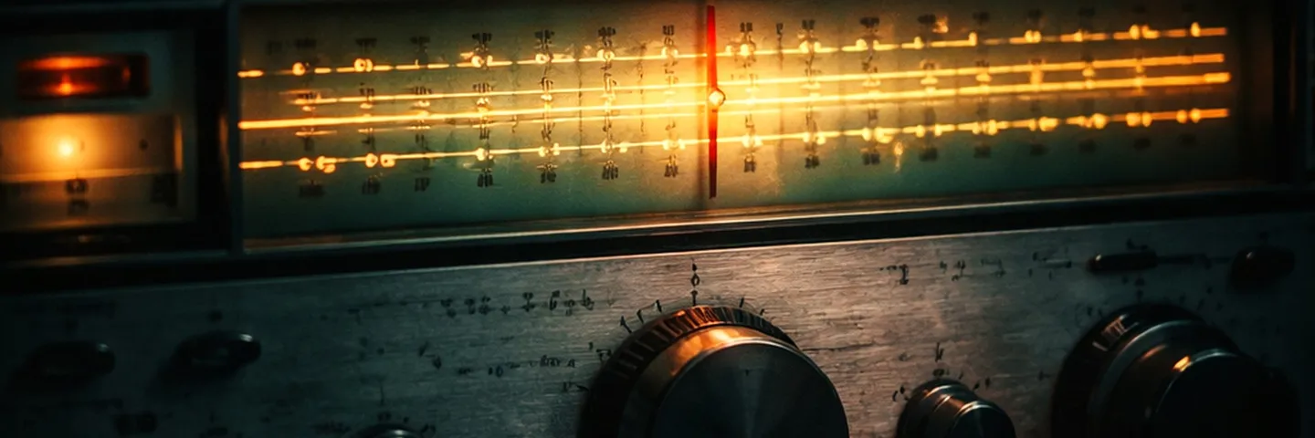 Close-up of a vintage radio receiver in near-darkness. The tuning dial glows amber and teal-green, its needle locked on a frequency. The dial markings are dense and unreadable — the station being received has no name.